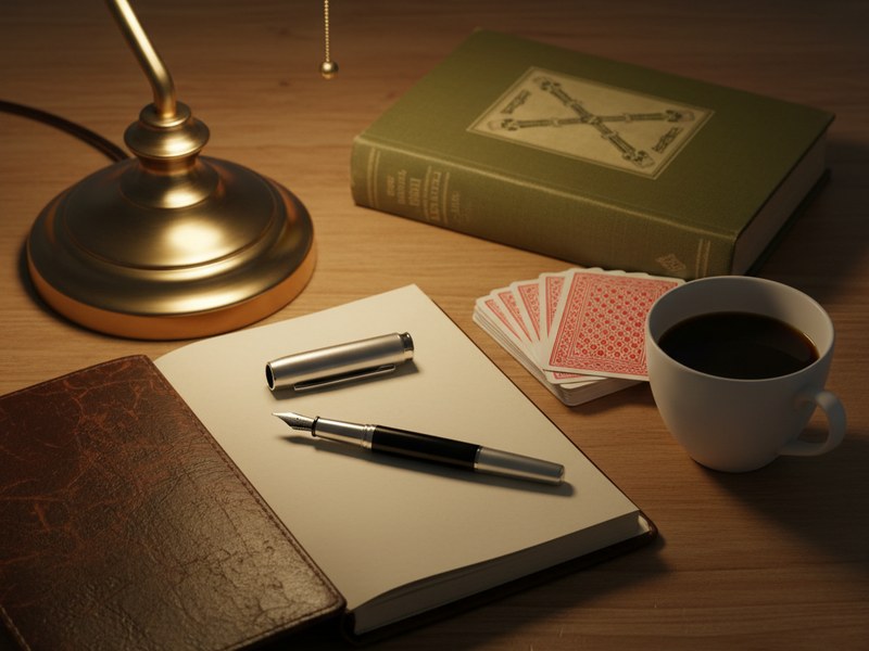 Notebook, playing cards and a coffee cup on a scholarly bridge study desk