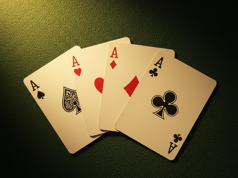 Four ace cards fanned across green felt under warm light